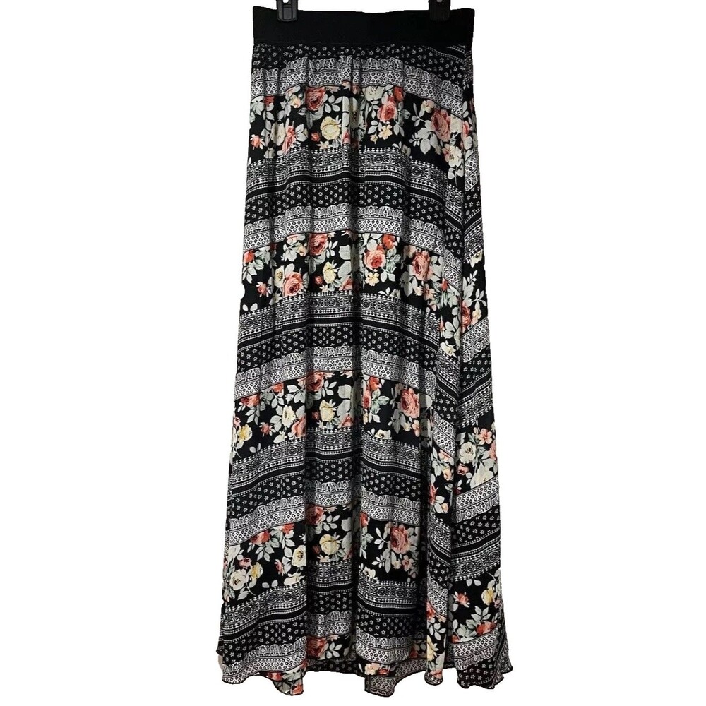 Lularoe Lucy Floral Maxi Skirt XS Women’s Black Stripe Boho Fall Winter